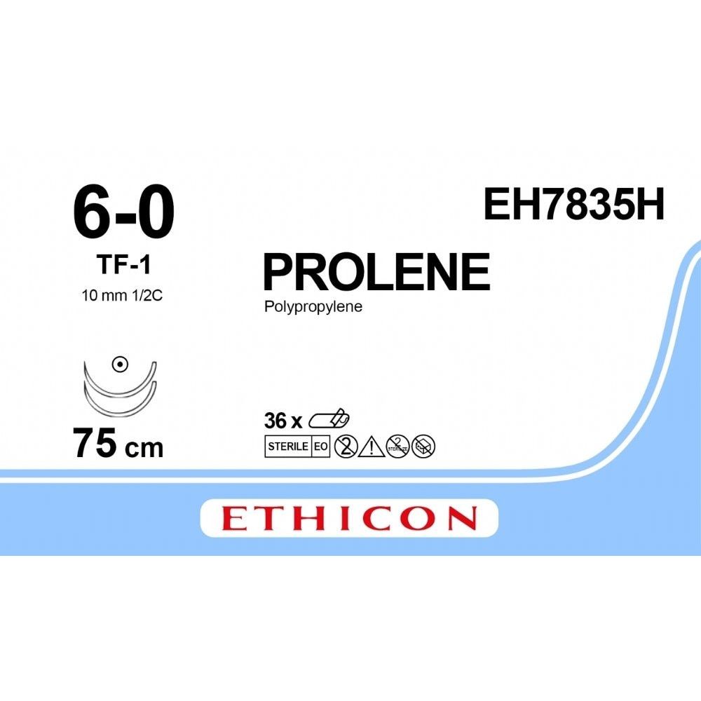 Ethicon PROLENE Polypropylene Blue Non - Absorbable Surgical Suture USP 6 - 0 75 cm TF - 1 Taper Point Needle EH7835H (Box of 36) - EH7835H