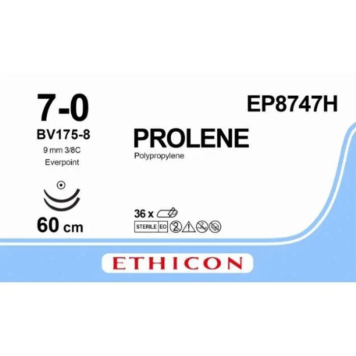 Ethicon PROLENE Polypropylene Non - Absorbable Monofilament Surgical Suture | USP 7 - 0 | 60 cm | BV - 1 Taperpoint Needles 9.3 mm | 3/8 Circle with EVERPOINT Technology | EP8747H (Box of 36) - SutureEP8747H