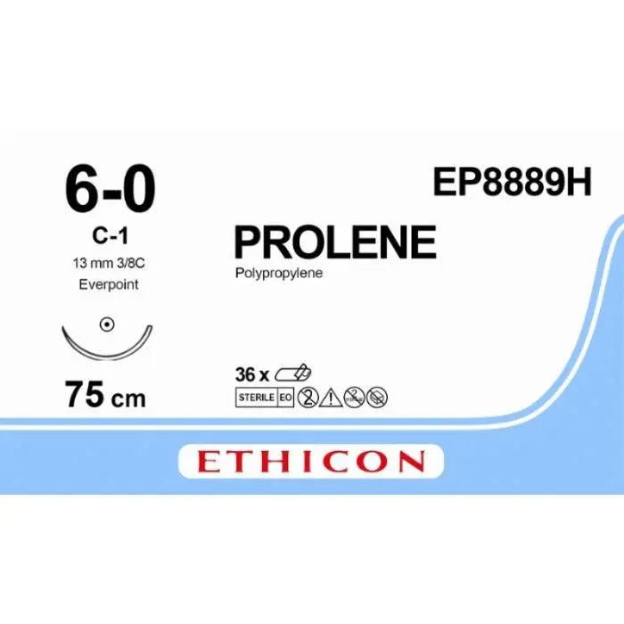 Ethicon PROLENE Polypropylene Non - Absorbable Monofilament Surgical Suture | USP 6 - 0 | 75 cm | BV - 1 Taperpoint Needles 9.3 mm | 3/8 Circle with EVERPOINT Technology | EP8889H (Box of 36) - SutureEP8889H