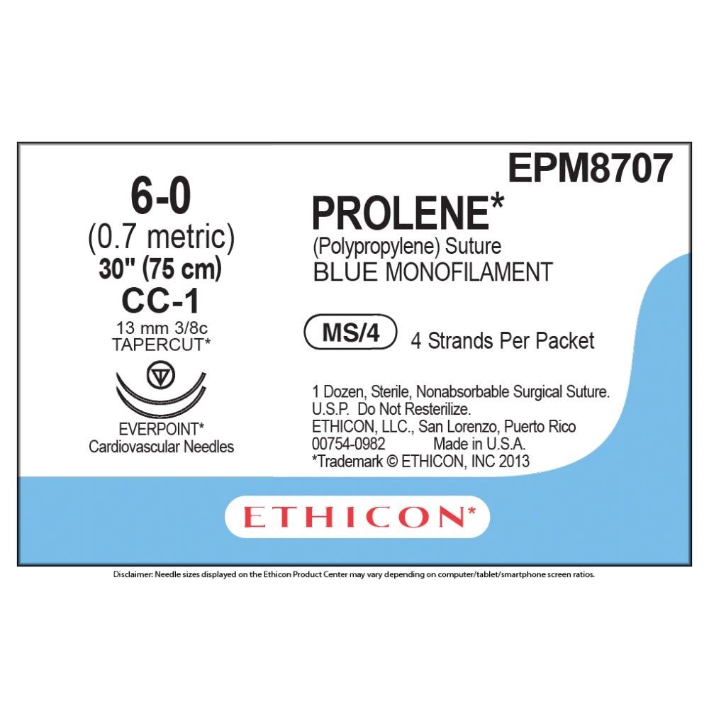 Ethicon PROLENE Polypropylene Non - Absorbable Monofilament Surgical Suture USP 3 - 0 75 cm BV - 1 Taperpoint Needles 9.3 mm 3/8 Circle with EVERPOINT Technology EPM8707 (Box of 36) - EPM8707
