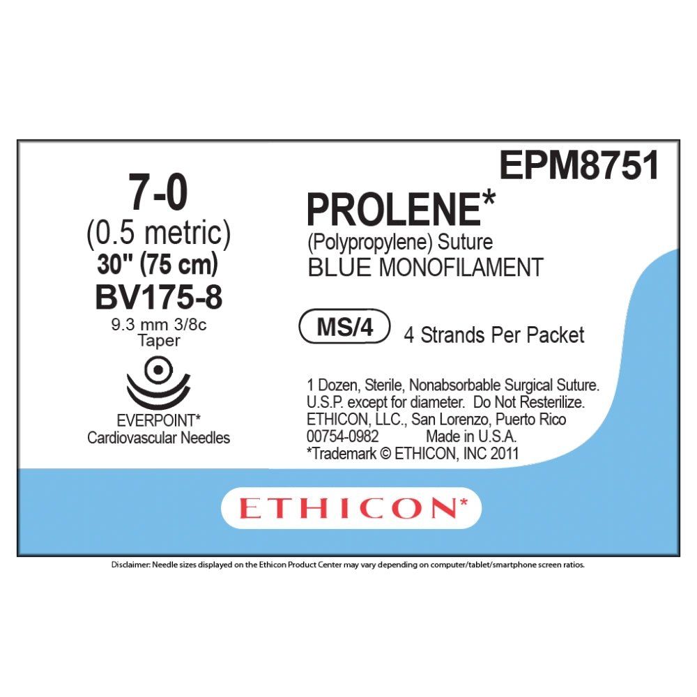 Ethicon PROLENE Polypropylene Non - Absorbable Monofilament Surgical Suture USP 3 75 cm BV - 1 Taperpoint Needles 9.3 mm 3/8 Circle with EVERPOINT Technology EPM8751 (Box of 36) - EPM8751