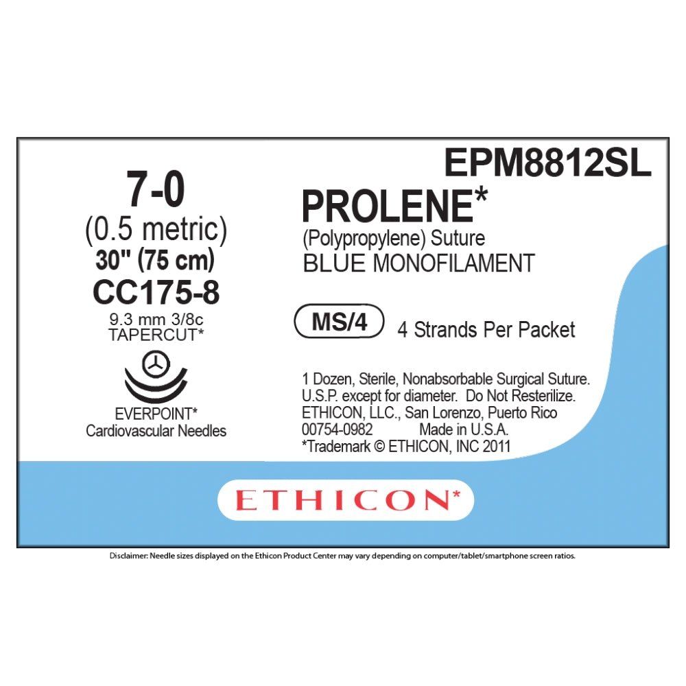 Ethicon PROLENE Polypropylene Non - Absorbable Monofilament Surgical Suture USP 24 60 cm CC175 - 8 Tapercut Micro Point Needles 9.3 mm 3/8 Circle with EVERPOINT Technology EPM8812SL (Box of 36) - EPM8812SL