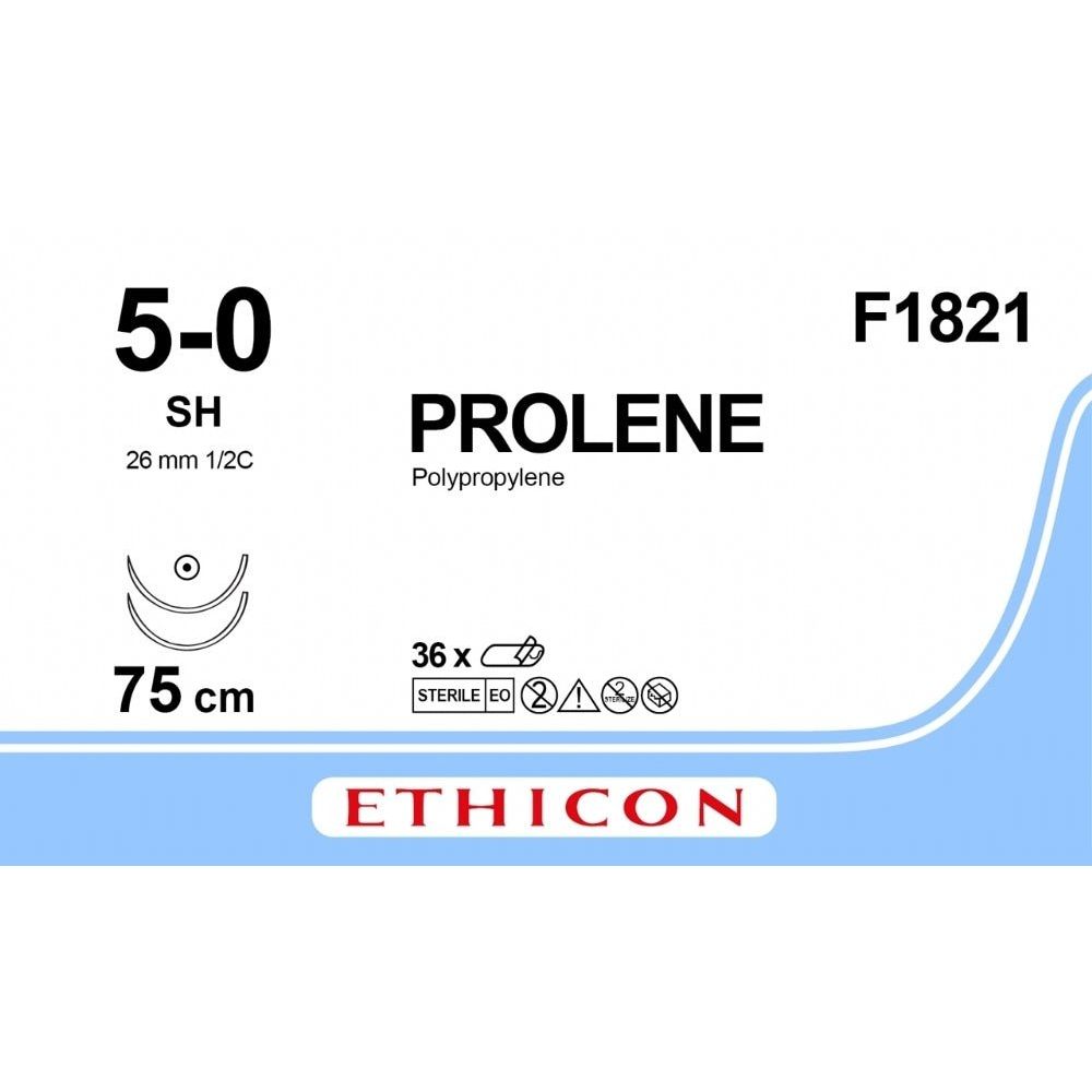 Ethicon PROLENE Polypropylene Blue Non - Absorbable Surgical Suture USP 5 - 0 75 cm SH Taper Point Needle (26 mm) F1821 (Box of 36) - F1821