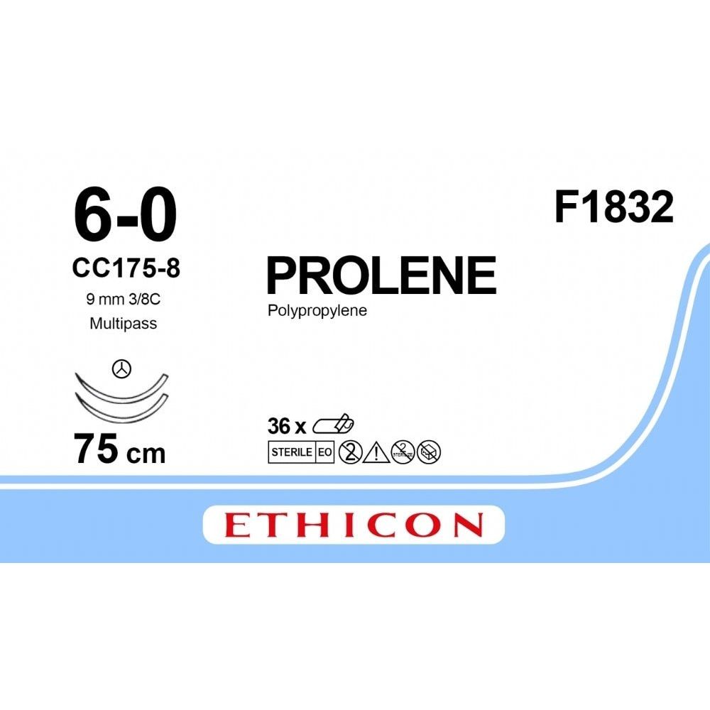 Ethicon PROLENE Polypropylene Blue Non - Absorbable Surgical Suture USP 6 - 0 75 cm CC175 - 8 MP TAPERCUT CC Needle (9.3 mm) F1832 (Box of 36) - F1832