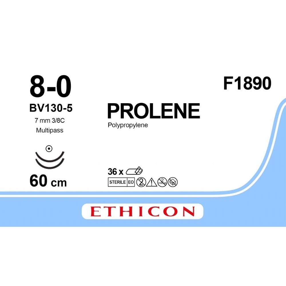 Ethicon PROLENE Polypropylene Blue Non - Absorbable Veterinary Microsurgical Suture USP 8 - 0 60 cm Double - Armed BV130 - 5 MP Taper Point Needles (6.5 mm) F1890 (Box of 36) - F1890