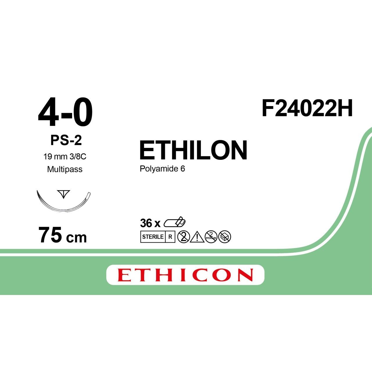 Ethicon ETHILON Black Monofilament Non - Absorbable Surgical Suture USP 4 - 0 30 in (75 cm) Black PS - 2 Prime Reverse Cutting Needle 19 mm 3/8 Circle F24022H (Box of 36) - F24022H