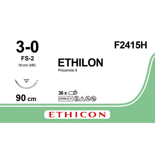 Ethicon ETHILON Black Monofilament Non - Absorbable Surgical Suture USP 3 - 0 36 in (90 cm) Black FS - 2 Reverse Cutting Needle 19 mm 3/8 Circle F2415H (Box of 36) - F2415H