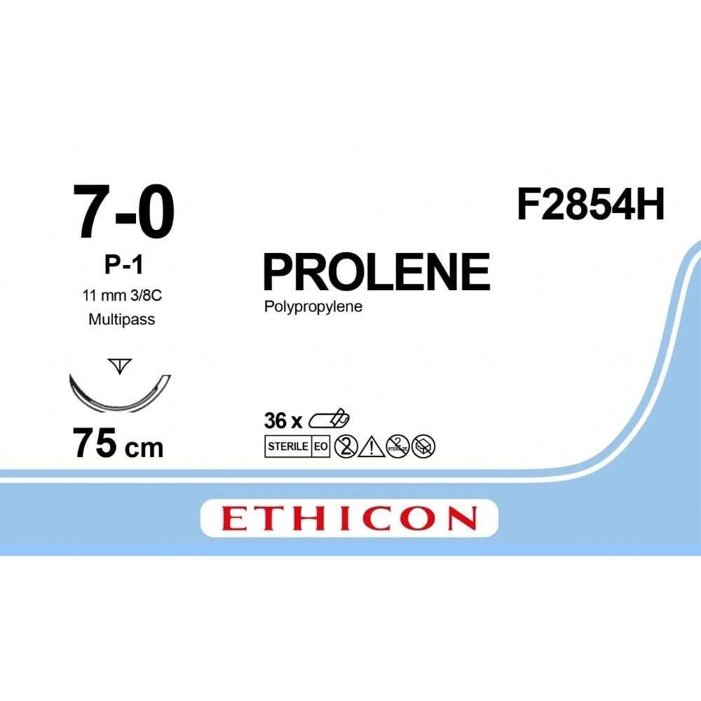 Ethicon PROLENE Polypropylene Blue Non - Absorbable Surgical Suture USP 7 - 0 75 cm P - 1 PRIME MULTIPASS Reverse Cutting Needle (11 mm) F2854H (Box of 36) - F2854H