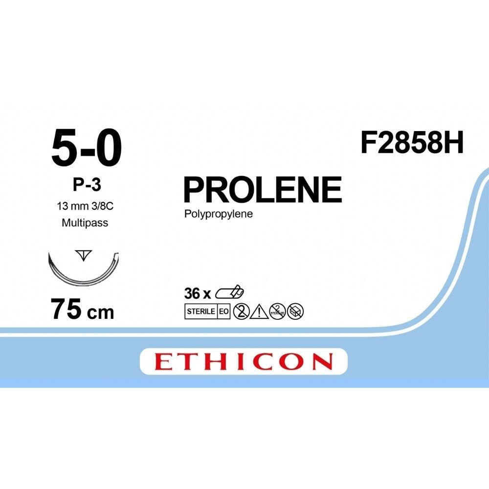 Ethicon PROLENE Polypropylene Undyed Non - Absorbable Veterinary Surgical Suture USP 5 - 0 75 cm P - 3 PRIME MULTIPASS Reverse Cutting Needle (13 mm) F2858H (Box of 36) - F2858H