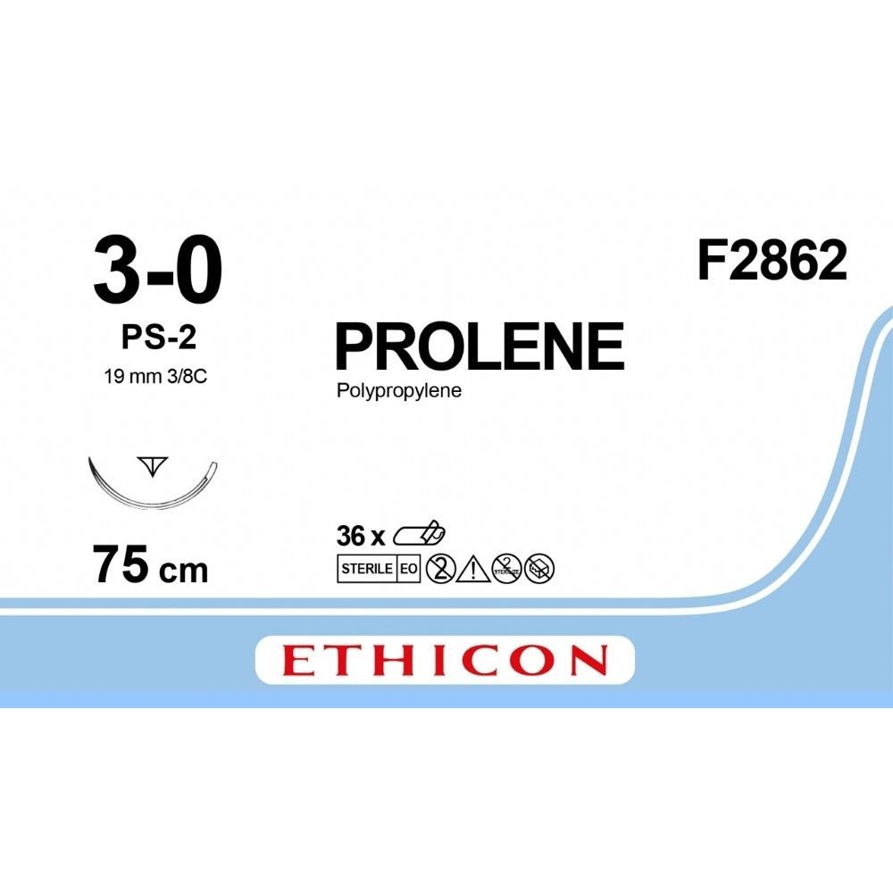 Ethicon PROLENE Polypropylene Clear (Undyed) Non - Absorbable Surgical Suture USP 3 - 0 75 cm PS - 2 PRIME Reverse Cutting Needle F2862 (Box of 36) - F2862
