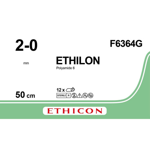 Ethicon ETHILON Black Monofilament Non - Absorbable Ligature USP 2 - 0 (Metric 3) 50 cm Black Needleless (NN) F6364G (Box of 12) - F6364G