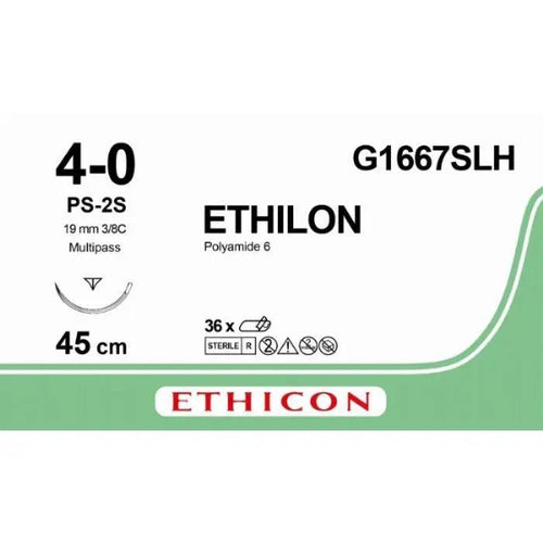 Ethicon ETHILON™ Green Monofilament Non - Absorbable Surgical Suture | USP 4 - 0 | 18 in (45 cm) | Green | PS - 2S Prime Slim Reverse Cutting Needle 19 mm | 3/8 Circle | G1667SLH (Box of 36) - SutureG1667SLH