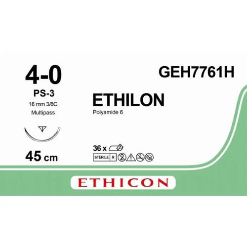Ethicon ETHILON Green Monofilament Non - Absorbable Surgical Suture USP 4 - 0 18 in (45 cm) Green PS - 3 Prime Reverse Cutting Needle 13 mm 3/8 Circle GEH7761H (Box of 36) - GEH7761H