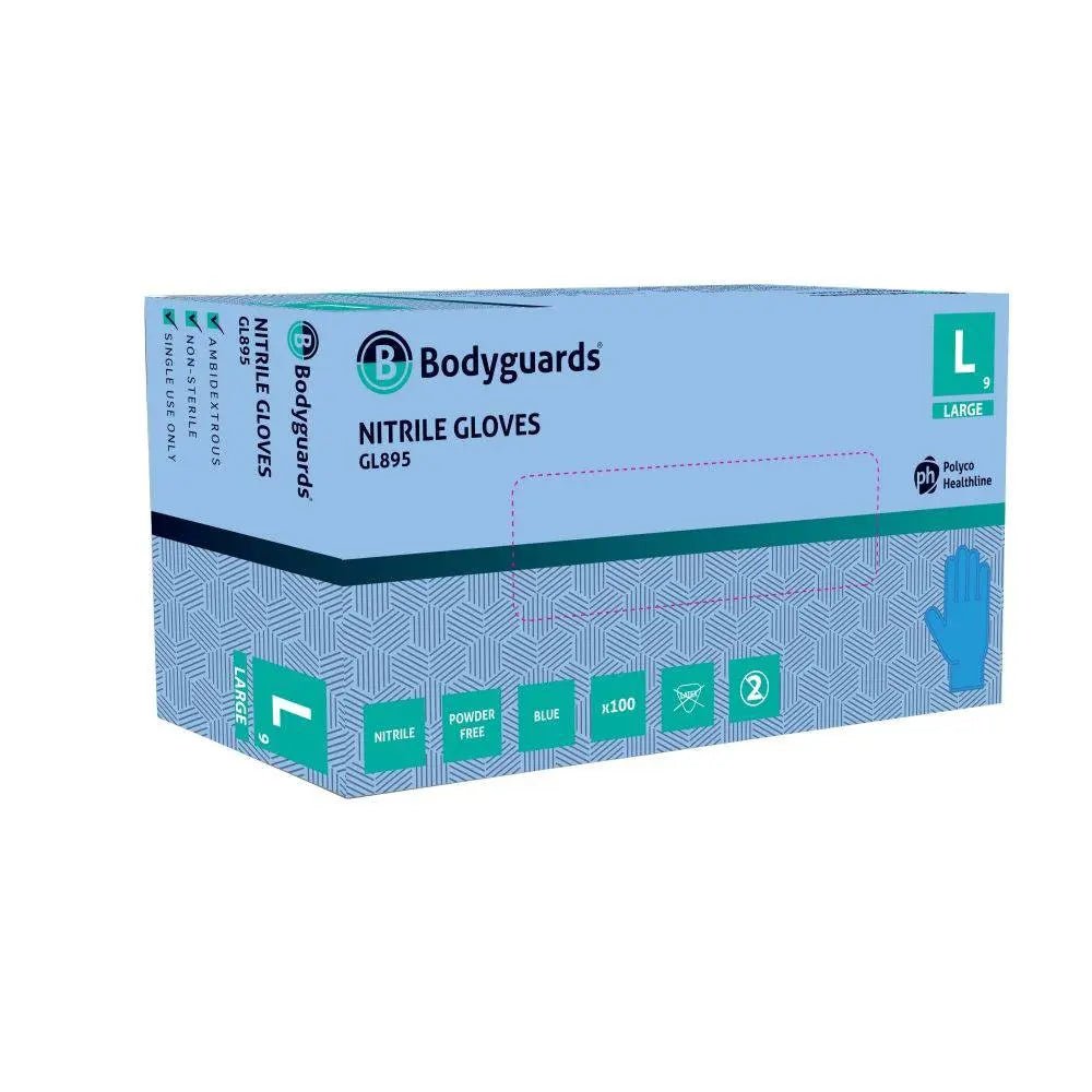 Polyco Healthline Bodyguards GL895 Blue Nitrile Powder Free Disposable Gloves (Box of 100) - GlovesGL895-S