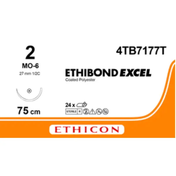 Ethicon ETHIBOND™ EXCEL Polyester Suture – Non - Absorbable Braided – USP 2 – 75cm (30”) – Green/White – MO - 6 Taper Point Needle – Double Armed – 4TB7177T (Box of 24) - Suture4TB7177T