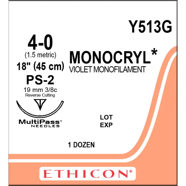 Ethicon MONOCRYL® Poliglecaprone 25 Suture – Absorbable Monofilament – USP 4 - 0 – 45cm (18”) – Violet – PS - 2 Reverse Cutting Needle – Single Armed – Y513G (Box of 12) - SutureY513G