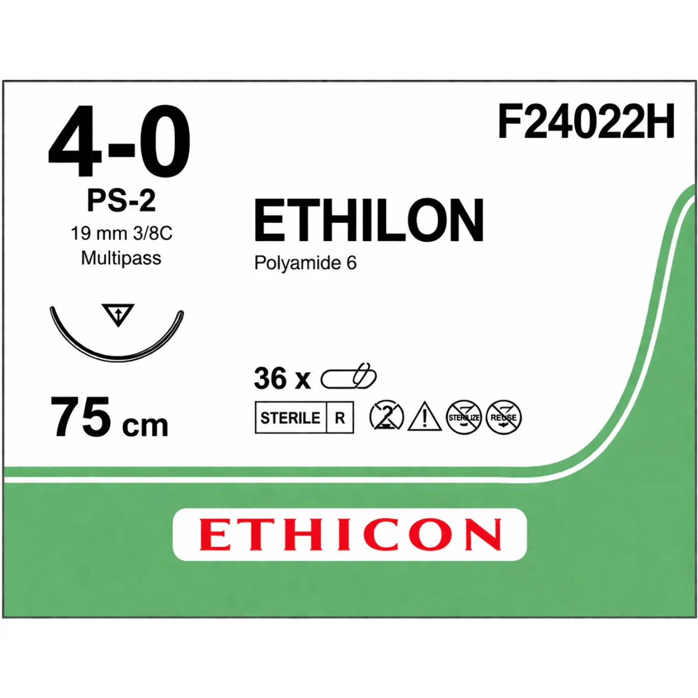 Ethicon ETHILON™ Black Monofilament Non - Absorbable Surgical Suture | USP 4 - 0 | 30 in (75 cm) | Black | PS - 2 Prime Reverse Cutting Needle 19 mm | 3/8 Circle | F24022H (Box of 36) - SutureF24022H