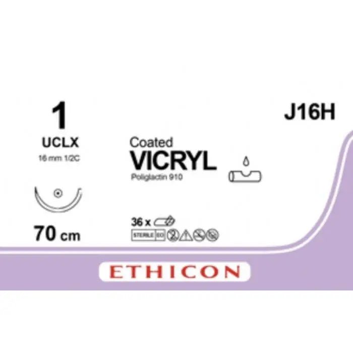 Ethicon COATED VICRYL Polyglactin 910 Braided Absorbable Surgical Suture – USP 1 – 70 cm – Violet – Single - Armed Conventional Cutting UCLX Needle – J16H (Box of 36) Size: 1 Colour: Violet Style: Conventional Cutting UCLX - J16H