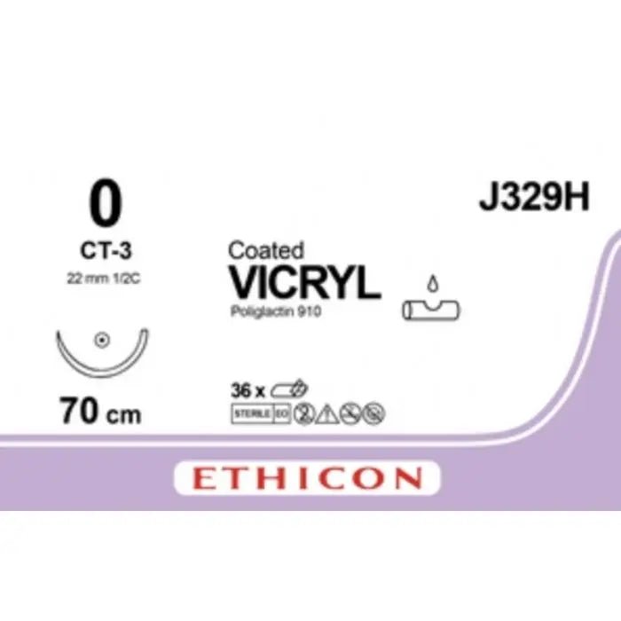 Ethicon COATED VICRYL Polyglactin 910 Braided Absorbable Surgical Suture – USP 0 – 70 cm – Violet – Single - Armed Taper Point CT - 3 Needle 26 mm, 1/2 Circle – J329H (Box of 36) Size: 0 Colour: Violet Style: Taper Point CT - 3 - J329H