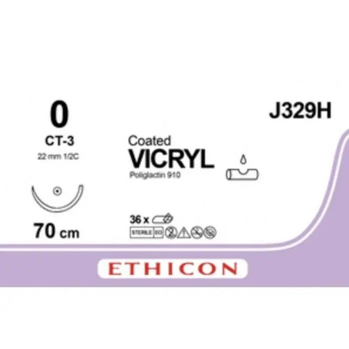 Ethicon COATED VICRYL Polyglactin 910 Braided Absorbable Surgical Suture – USP 0 – 70 cm – Violet – Single - Armed Taper Point CT - 3 Needle 26 mm, 1/2 Circle – J329H (Box of 36) Size: 0 Colour: Violet Style: Taper Point CT - 3 - J329H