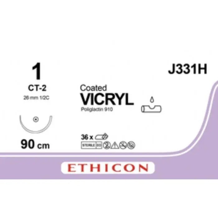 Ethicon COATED VICRYL Polyglactin 910 Braided Absorbable Surgical Suture – USP 1 – 90 cm – Violet – Single - Armed Taper Point CT - 2 Needle 40 mm, 1/2 Circle – J331H (Box of 36) Size: 1 Colour: Violet Style: Taper Point CT - 2 - J331H