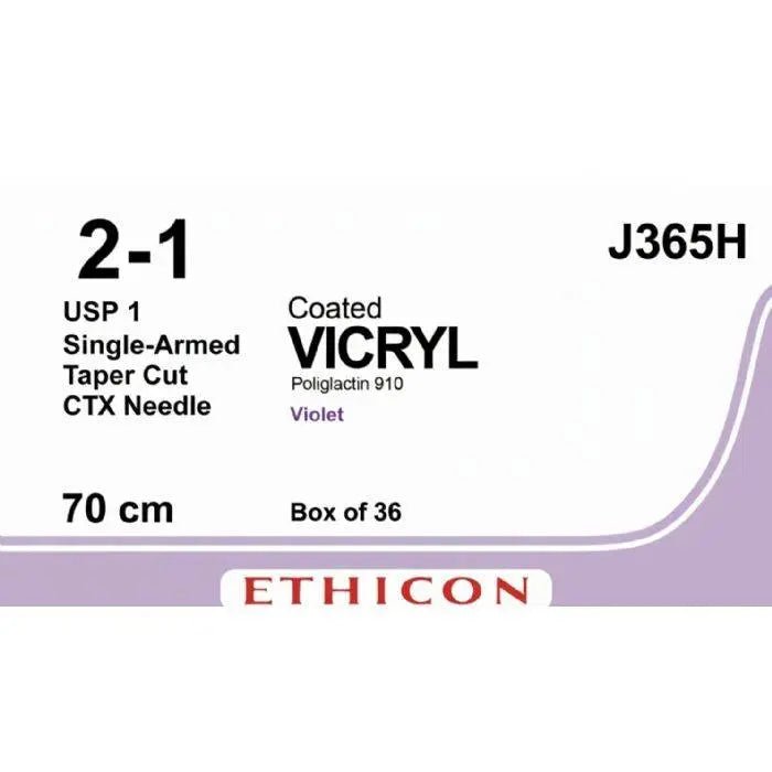 Ethicon COATED VICRYL Polyglactin 910 Braided Absorbable Surgical Suture – USP 1 – 70 cm – Violet – Single - Armed Taper Cut CTX Needle – J365H (Box of 36) Size: 1 Colour: Violet Style: Taper Cut CTX - J365H