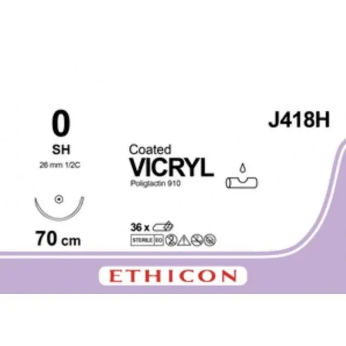 Ethicon COATED VICRYL Polyglactin 910 Braided Absorbable Surgical Suture – USP 0 – 70 cm – Undyed – Single - Armed Taper Point SH Needle 26 mm, 1/2 Circle – J418H (Box of 36) Size: 0 Colour: Undyed Style: Taper Point SH - J418H