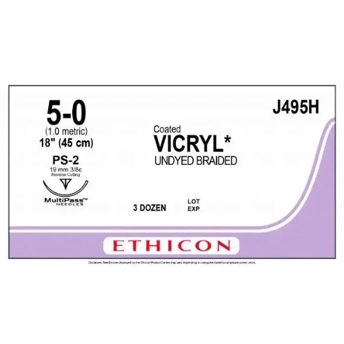 Ethicon COATED VICRYL Polyglactin 910 Braided Absorbable Surgical Suture – USP 5 - 0 – 45 cm – Undyed – Single - Armed Taper Point PS - 2 Prime MP Needle 19 mm, 3/8 Circle – J495H (Box of 36) Size: 5 - 0 Colour: Undyed Style: Taper Point PS - 2 Prime MP - J495H
