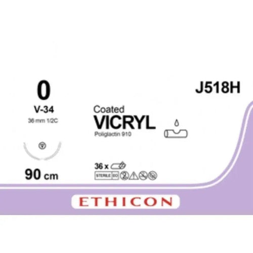 Ethicon COATED VICRYL Polyglactin 910 Braided Absorbable Surgical Suture – USP 0 – 90 cm – Violet – Single - Armed Taper Point V - 34 Needle 36 mm, 1/2 Circle – J518H (Box of 36) Size: 0 Colour: Violet Style: Taper Point V - 34 - J518H