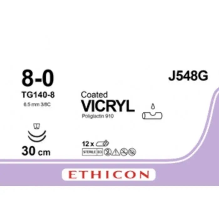 Ethicon COATED VICRYL Polyglactin 910 Braided Absorbable Surgical Suture – USP 8 - 0 – 30 cm – Violet – Double - Armed Taper Point TG140 - 8 Needles 8 mm, 3/8 Circle – J548G (Box of 12) Size: 8 - 0 Colour: Violet Style: Taper Point TG140 - 8 - J548G