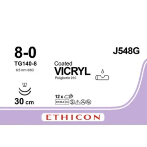 Ethicon COATED VICRYL Polyglactin 910 Braided Absorbable Surgical Suture – USP 8 - 0 – 30 cm – Violet – Double - Armed Taper Point TG140 - 8 Needles 8 mm, 3/8 Circle – J548G (Box of 12) Size: 8 - 0 Colour: Violet Style: Taper Point TG140 - 8 - J548G