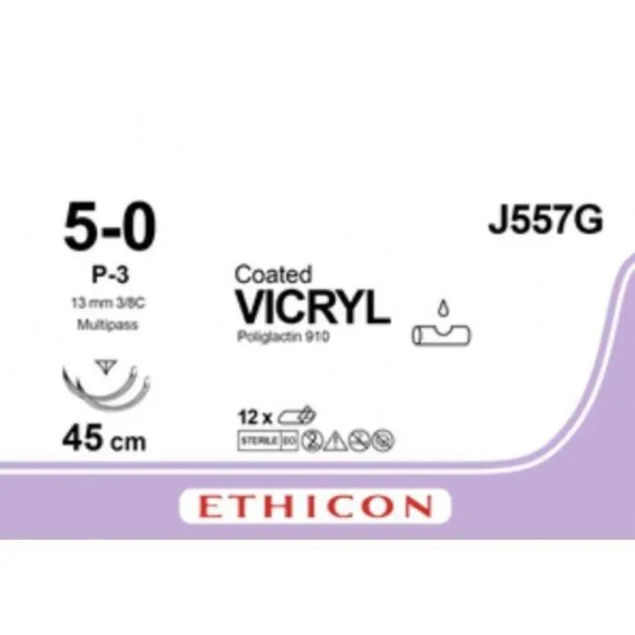 Ethicon COATED VICRYL Polyglactin 910 Braided Absorbable Surgical Suture – USP 5 - 0 – 45 cm – Violet – Double - Armed Taper Point G - 3 Needles 13 mm, 3/8 Circle – J557G (Box of 12) Size: 5 - 0 Colour: Violet Style: Taper Point G - 3 - J557G