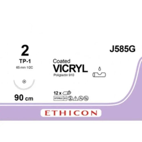 Ethicon COATED VICRYL Polyglactin 910 Braided Absorbable Surgical Suture – USP 2 – 90 cm – Violet – Single - Armed Taper Point TP - 1 Needle 48 mm, 1/2 Circle – J585G (Box of 12) Size: 2 Colour: Violet Style: Taper Point TP - 1 - J585G