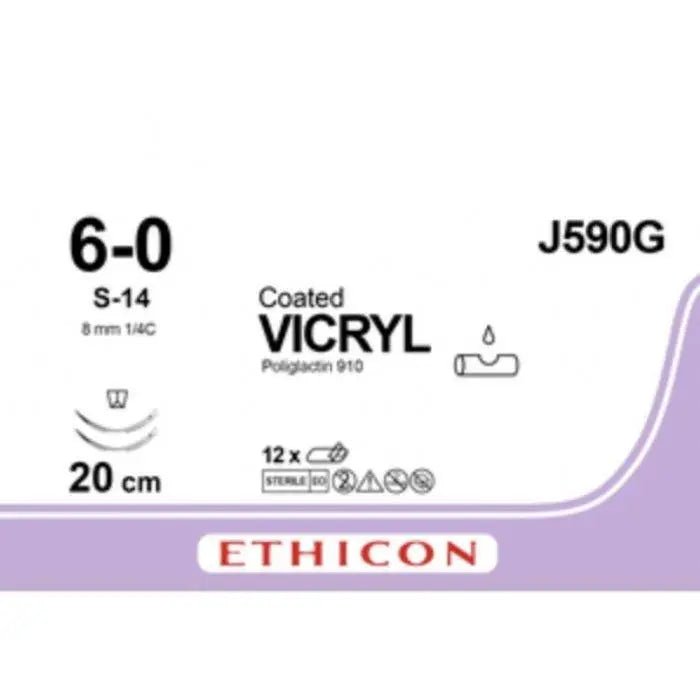 Ethicon COATED VICRYL Polyglactin 910 Braided Absorbable Surgical Suture – USP 6 - 0 – 20 cm – Violet – Double - Armed Taper Point S - 14 Needles 13 mm, 3/8 Circle – J590G (Box of 12) Size: 6 - 0 Colour: Violet Style: Taper Point S - 14 - J590G