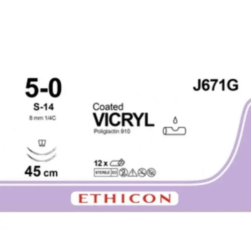 Ethicon COATED VICRYL Polyglactin 910 Braided Absorbable Surgical Suture – USP 5 - 0 – 45 cm – Undyed – Double - Armed Taper Point S - 14 Needles 13 mm, 3/8 Circle – J671G (Box of 12) Size: 5 - 0 Colour: Undyed Style: Taper Point S - 14 - J671G