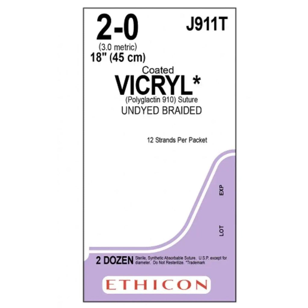Ethicon COATED VICRYL Polyglactin 910 Braided Absorbable Surgical Suture – USP 2 - 0 – 45 cm (12 x 18 in) – Undyed – Non - Needled Ligature – J911T (Box of 24) Size: 2 - 0 Colour: Undyed Style: Non - needled - J911T