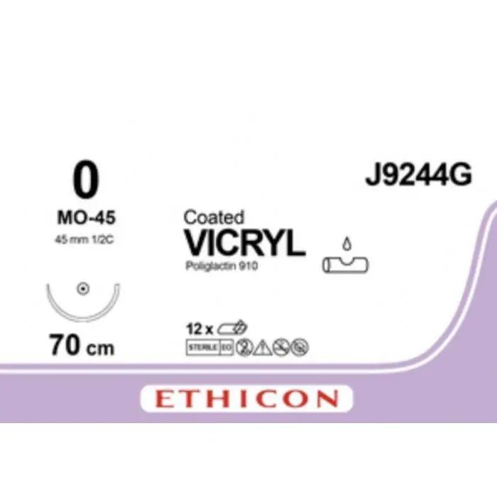 Ethicon COATED VICRYL Polyglactin 910 Braided Absorbable Surgical Suture – USP 0 – 70 cm – Violet – Single - Armed Taper Point MO - 45 Needle 45 mm, 1/2 Circle – J9244G (Box of 12) Size: 0 Colour: Violet Style: Taper Point MO - 45 - J9244G
