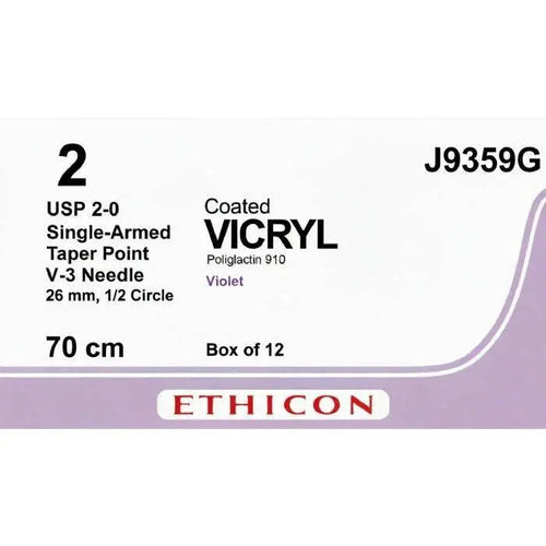 Ethicon COATED VICRYL Polyglactin 910 Braided Absorbable Surgical Suture – USP 2 - 0 – 70 cm – Violet – Single - Armed Taper Point V - 3 Needle 26 mm, 1/2 Circle – J9359G (Box of 12) Size: 2 - 0 Colour: Violet Style: aper Point V - 3 - J9359G