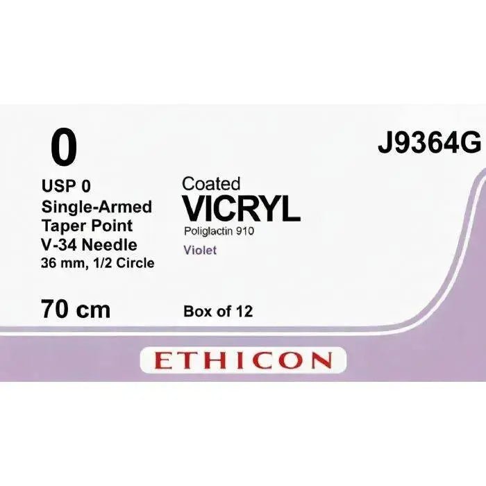 Ethicon COATED VICRYL Polyglactin 910 Braided Absorbable Surgical Suture – USP 0 – 70 cm – Violet – Single - Armed Taper Point V - 34 Needle 36 mm, 1/2 Circle – J9364G (Box of 12) Size: 0 Colour: Violet Style: Taper Point V - 34 - J9364G