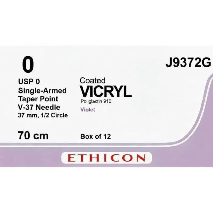 Ethicon COATED VICRYL Polyglactin 910 Braided Absorbable Surgical Suture – USP 0 – 70 cm – Violet – Single - Armed Taper Point V - 37 Needle 37 mm, 1/2 Circle – J9372G (Box of 12) Size: 0 Colour: Violet Style: Taper Point V - 37 - J9372G