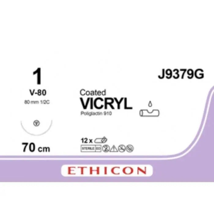 Ethicon COATED VICRYL Polyglactin 910 Braided Absorbable Surgical Suture – USP 1 – 70 cm – Violet – Single - Armed Taper Point V - 80 Needle 48 mm, 1/2 Circle – J9379G (Box of 12) Size: 1 Colour: Violet Style: Taper Point V - 80 - J9379G
