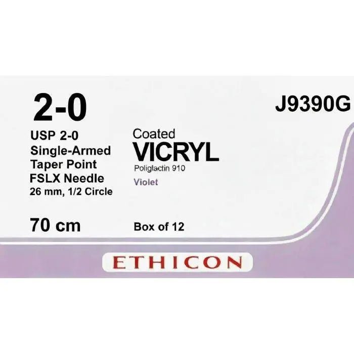 Ethicon COATED VICRYL Polyglactin 910 Braided Absorbable Surgical Suture – USP 2 - 0 – 70 cm – Violet – Single - Armed Taper Point FSLX Needle 26 mm, 1/2 Circle – J9390G (Box of 12) Size: 2 Colour: Violet Style: Taper Point FSLX - J9390G
