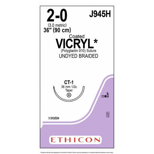 Ethicon COATED VICRYL Polyglactin 910 Braided Absorbable Surgical Suture – USP 2 - 0 – 90 cm – Undyed – Single - Armed Taper Point CT - 1 Needle 36 mm, 1/2 Circle – J945H (Box of 36) Size: 2 - 0 Colour: Undyed Style: Taper Point CT - 1 - J945H