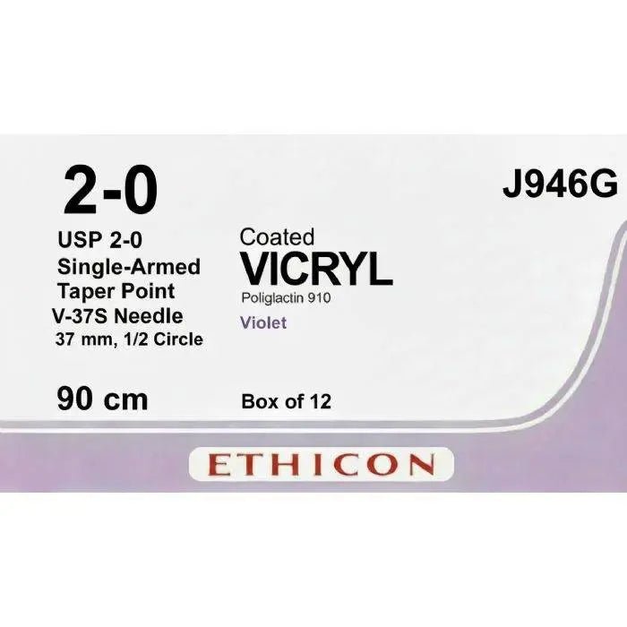Ethicon COATED VICRYL Polyglactin 910 Braided Absorbable Surgical Suture – USP 2 - 0 – 90 cm – Violet – Single - Armed Taper Point V - 37S Needle 37 mm, 1/2 Circle – J9466G (Box of 12) Size: 2 - 0 Colour: Violet Style: Taper Point V - 37S - J9466G