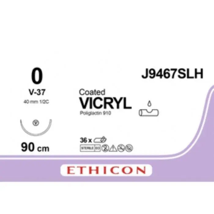 Ethicon COATED VICRYL Polyglactin 910 Braided Absorbable Surgical Suture – USP 0 – 90 cm – Violet – Single - Armed Taper Point V - 37 Needle 37 mm, 1/2 Circle – J9467SLH (Box of 36) Size: 0 Colour: Violet Style: Taper Point V - 37 - J9467SLH