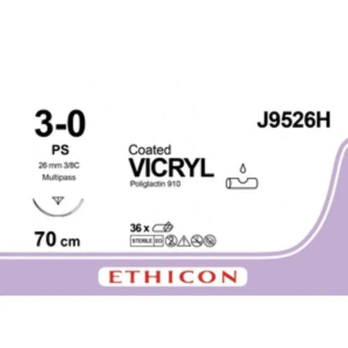 Ethicon COATED VICRYL Polyglactin 910 Braided Absorbable Surgical Suture – USP 3 - 0 – 70 cm – Undyed – Single - Armed Taper Point PS Needle 24 mm, 3/8 Circle – J9526H (Box of 36) Size: 3 - 0 Colour: Undyed Style: Taper Point PS - J9526H