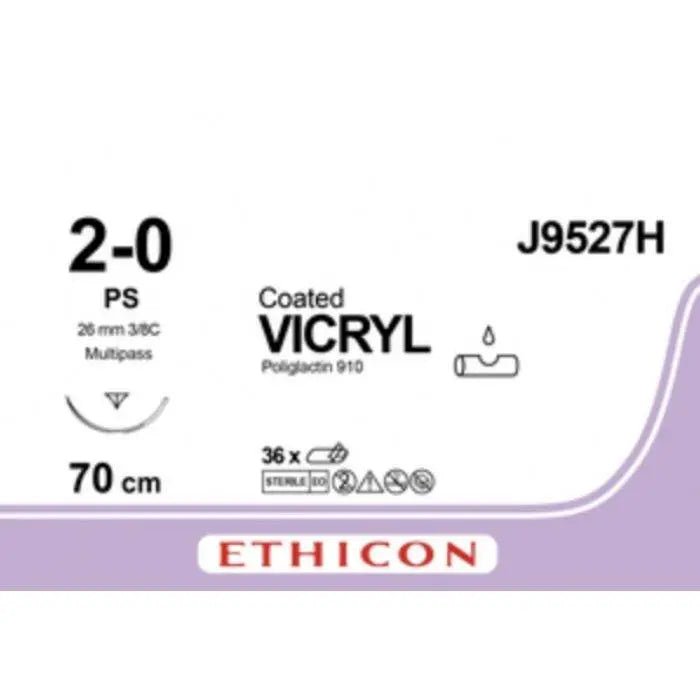 Ethicon COATED VICRYL Polyglactin 910 Braided Absorbable Surgical Suture – USP 2 - 0 – 70 cm – Undyed – Single - Armed Taper Point PS PRIME MP Needle 24 mm, 3/8 Circle – J9527H (Box of 36) Size: 2 - 0 Colour: Undyed Style: Taper Point PS PRIME MP - J9527H