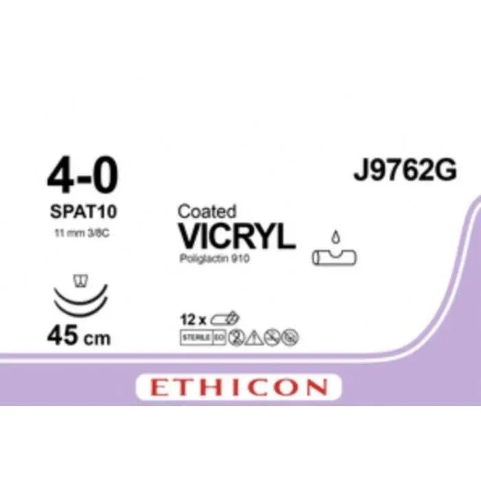 Ethicon COATED VICRYL Polyglactin 910 Braided Absorbable Surgical Suture – USP 4 - 0 – 45 cm – Undyed – Double - Armed Spatula SPAT - 10 Needles 10 mm, 1/2 Circle – J9762G (Box of 12) Size: 4 - 0 Colour: Undyed Style: Spatula SPAT - 10 - J9762G