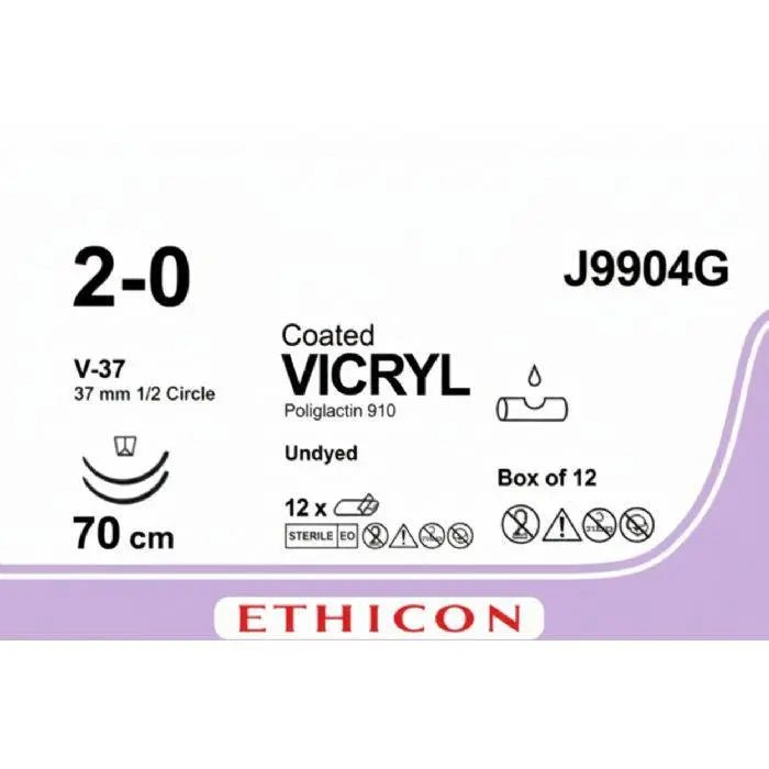 Ethicon COATED VICRYL Polyglactin 910 Braided Absorbable Surgical Suture – USP 2 - 0 – 70 cm – Undyed – Single - Armed Taper Point V - 37 Needle 37 mm, 1/2 Circle – J9904G (Box of 12) Size: 2 - 0 Colour: Undyed Style: Taper Point V - 37 - J9904G