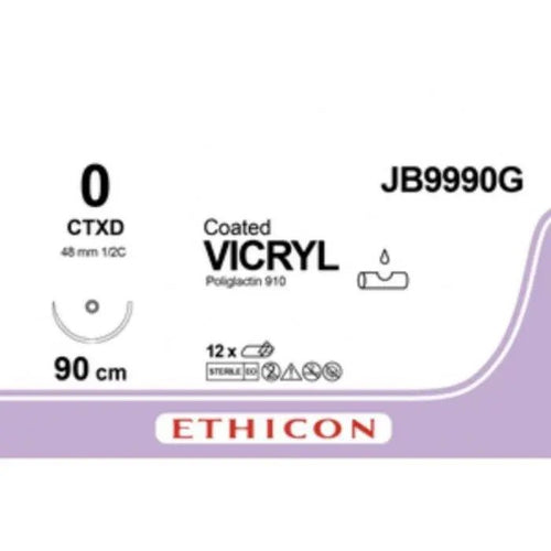 Ethicon COATED VICRYL Polyglactin 910 Braided Absorbable Surgical Suture – USP 0 – 90 cm – Violet – Single - Armed Taper Cut CTXD Needle 40 mm, 1/2 Circle – JB9990G (Box of 12) Size: 0 Colour: Violet Style: Taper Cut CTXD - JB9990G